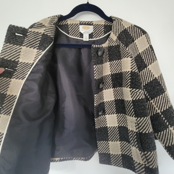 Talbot's Beige and Charcoal Gray Check Wool Blend 3-Button Swing Jacket Size 8P - Picture 9 of 10